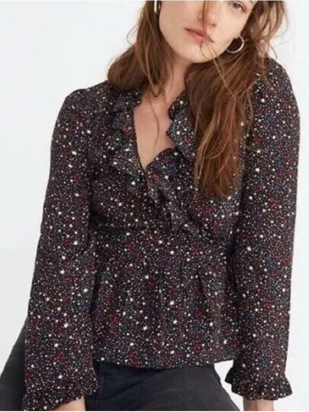 Madewell Black Star-Print Ruffle-Neck Blouse